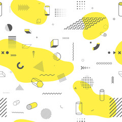 Fototapete - Vector seamless background. Memphis pattern. Flat concept. Fashion 80-90s. Retro funky graphic. Vintage geometric print illustration element. Repeat banner with yellow fluid shape. Minimalist backdrop