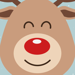 Sticker - Reindeer red nosed cute close up cartoon face snowy background. Christmas card