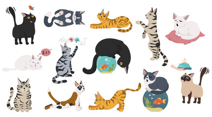 cartoon cat characters collection. different cat`s poses, yoga and emotions set. flat color simple s