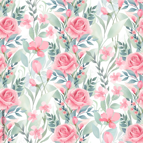 Seamless floral pattern with pink roses on light background, watercolor illus...