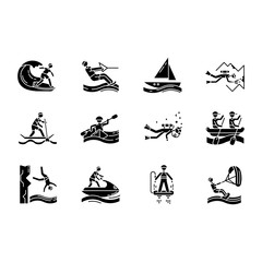 Poster - Watersports glyph icons set. Silhouette symbols.Cave diving, kiteboarding, flyboarding and jet skiing. Cliff jumping and paddle surfing. Extreme kinds of sport. Vector isolated illustration