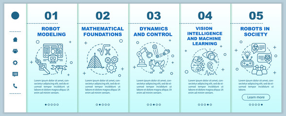 Robotics courses onboarding mobile web pages vector template. Cybernetics. Responsive smartphone website interface idea with linear illustrations. Webpage walkthrough step screens. Color concept