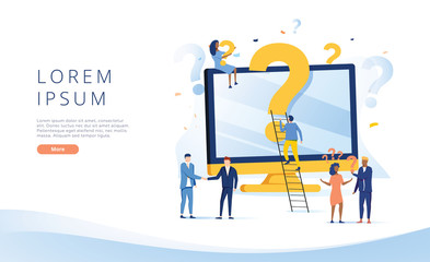 Poster - Question mark. Business people asking questions around a huge question mark in computer. Vector web banner illustration