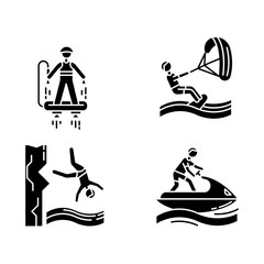 Wall Mural - Watersports glyph icons set. Flyboarding, kiteboarding, cliff diving and jetskiing. Extreme kinds of sport. Ocean and sea beach leisure. Silhouette symbols. Vector isolated illustration