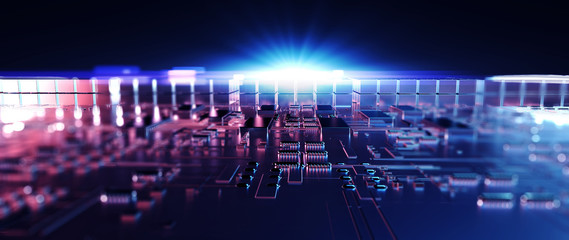 Poster - Printed circuit board futuristic server/Circuit board futuristic server code processing. Orange,  green, blue technology background with bokeh. 3d rendering
