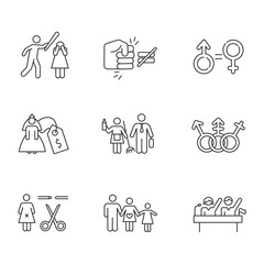 Canvas Print - Gender equality linear icons set. Violance against woman. Gender stereotypes. Forced sterilization. Politic rights. Thin line contour symbols. Isolated vector outline illustrations. Editable stroke