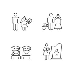 Sticker - Gender equality linear icons set. Child marriage. Education equality. Forced marriage. Maternal mortality. Thin line contour symbols. Isolated vector outline illustrations. Editable stroke