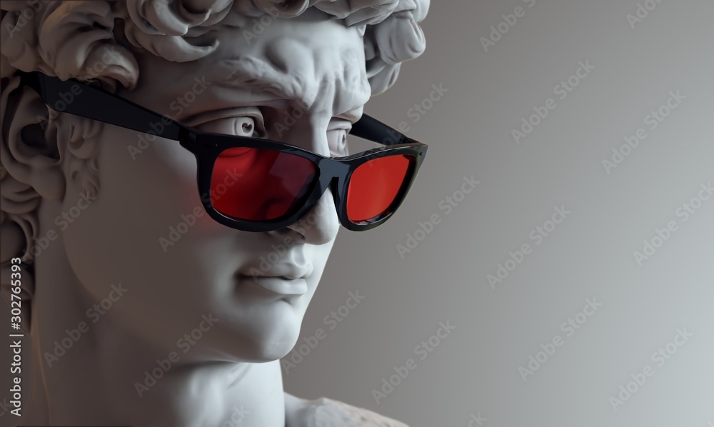 Bust of David with red glass glasses. - obrazy, fototapety, plakaty 