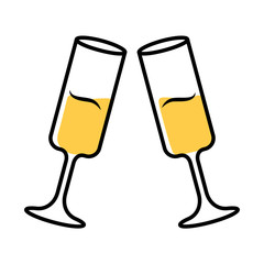 Poster - Two clinking glasses with champagne color icon. Sparkling wine. Glassfuls of alcohol beverage. Wine service. Celebration, party. Wedding. Tasting, degustation. Cheers. Isolated vector illustration