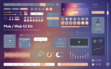 Fototapete - Vector UI UX kit for mobile applications and web sites. Universal user interface template with responsive design, tools and buttons. Flat menu icons and control elements on colorful background.