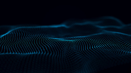 Poster - Futuristic background of dots and lines with a dynamic wave. Big data. 3d rendering. 4k.