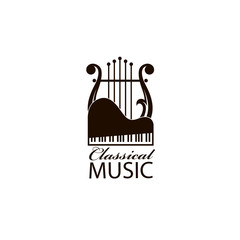 monochrome classical concert emblem with piano and lyre