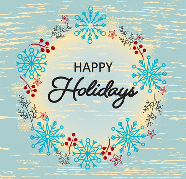 Happy Holidays vector. Vintage style wreath with Christmas decorations.