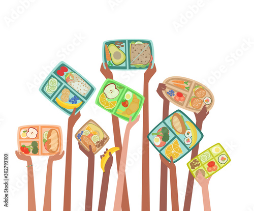 Fotomural Children hands holding up lunch boxes with healthy lunches food