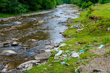 Plastic Disaster In Wild Nature Mountain River