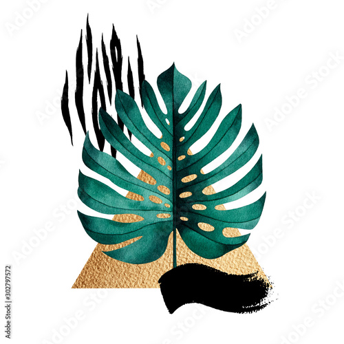 streszczenie-sklad-rosliny-tropikalnej-monstera-zlote-figury-geometryczne-i-wzor-zwierzecy