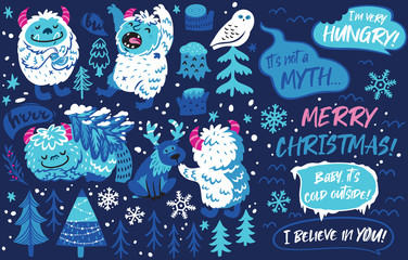 Wall Mural - Collection with woodland elements, cartoon Yetis and phrases in vector. Winter set