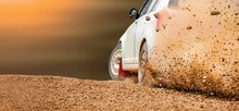 Rally Race Car Drifting On Dirt Track.