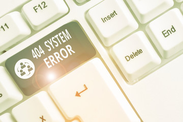 Fototapete - Writing note showing 404 System Error. Business concept for message appears when website is down and cant be reached White pc keyboard with note paper above the white background