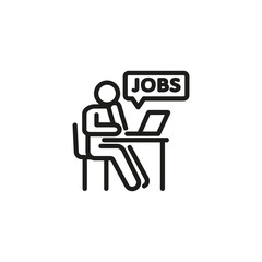 Poster - Employment thin line icon. Unemployed man reviewing job ads at computer isolated outline sign. Job search concept. Vector illustration symbol element for web design and apps