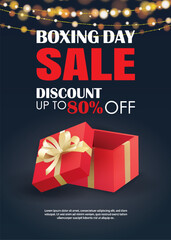 Sticker - Boxing day sale with red gift box advertising poster template. Use for flyer, banner, christmas seasonal offer, discount.