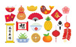 Chinese new year item set in flat vector design isolated on white background. (translation: Happy new year ; blessing)