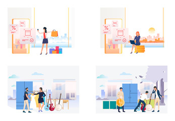 Poster - Set of images with people buying things in market. Vector illustrations. Shopping, customer, clothes. Flea market concept for banner, website design or landing web page