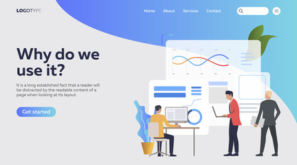 Aufkleber - Businessmen working on computers and analyzing financial charts. Analysis, management, technology flat vector illustration. Business concept for banner, website design or landing web page