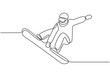 Continuous one line drawing of winter sport of snowboarding. A man on the snowboard jumping freestyle. Vector minimalism design.