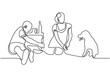 Happy family picnic one line continuous drawing. Vector couple with food, snacks and meals. People relaxation and refreshing sit on the garden.