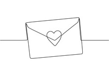 Continuous Line Drawing Of Love Letter With Heart. Vector Romantic Mail For Cards And Invitation Good For Valentine's Day Theme.