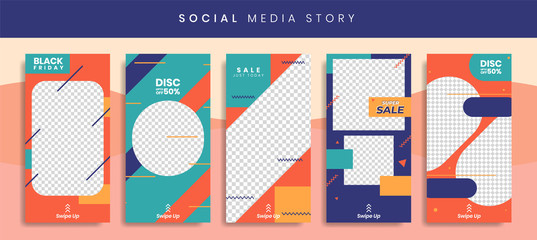 Wall Mural - Set 5 of Social Media Instagram Networks Stories Sale Banner Background, Mobile App, Poster, Flyer, Coupon, Gift Card, Smartphone Template Story,Liquid Abstract Modern. editable template eps 10 vector