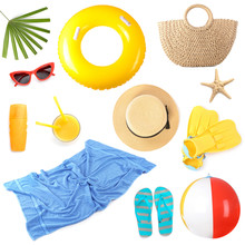 Set Of Beach Accessories On White Background