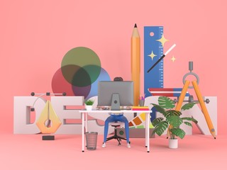 Girl web designer in a working environment. 3d icons and graphic design elements on a pink background. Concept illustration for web page or banner. 3d rendering.
