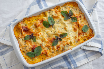 Recipe for homemade Italian lasagna with tomato sauce and meat