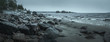 Panorama of a rocky shore. Overcast day. Background for travel materials