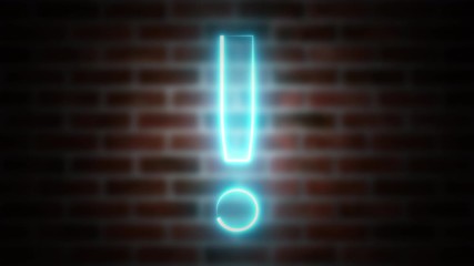 Poster - Exclamation mark neon sign on a backdrop of brickwork, computer generated. 3d rendering of wireframe symbol with glowing laser light
