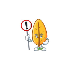 Poster - Mascot a with sign warning with yellow autumn leaves