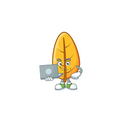 Sticker - Mascot a with bring laptop with yellow autumn leaves