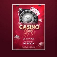 Wall Mural - Casino Night party invitation card or template design with roulette wheel, playing cards and poker chip on red light effect background with venue details.