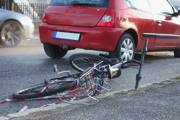 Wall Mural - Accident car crash with bicycle on road. Traffic accident concept. Real situation.