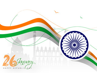 Poster - 26 January, Republic Day banner or poster design with Ashoka Wheel and wavy tricolor ribbon on Red Fort monument background.