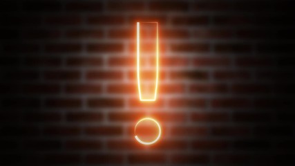 Poster - Exclamation mark neon sign on a backdrop of brickwork, computer generated. 3d rendering of wireframe symbol with glowing laser light