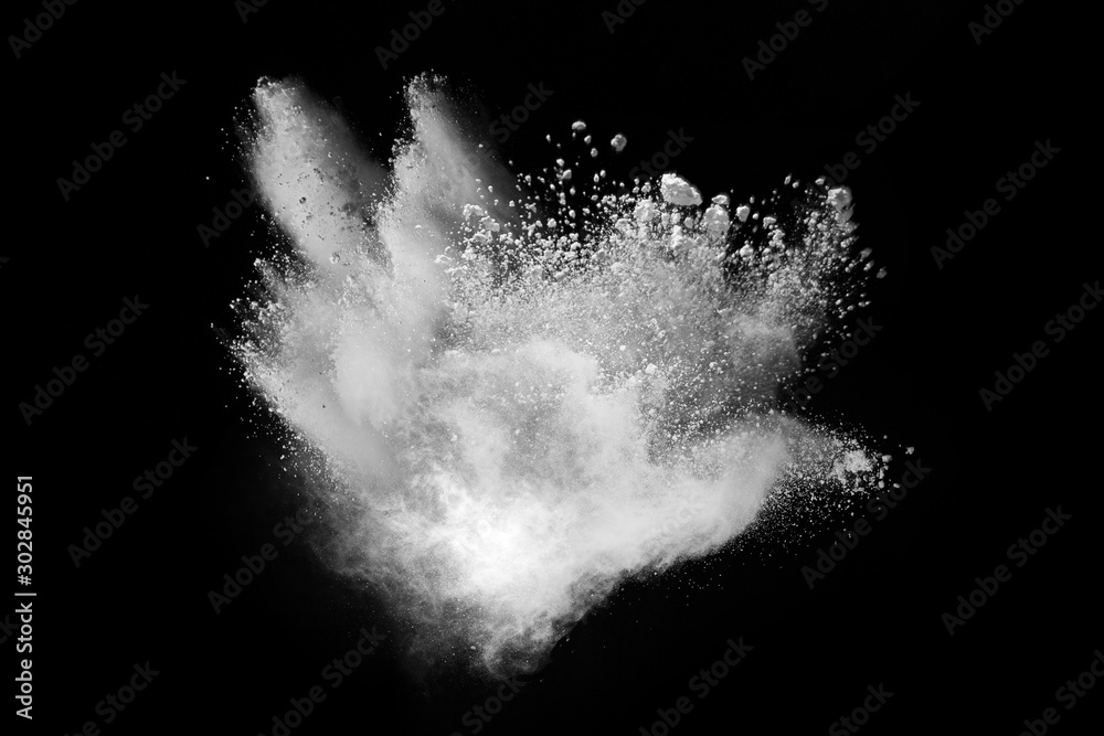 White powder explosion on black background. Colored cloud. Colorful dust explode. Paint Holi. - obrazy, fototapety, plakaty 