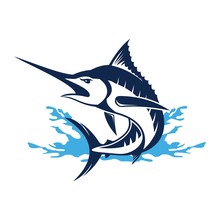 Marlin Fish Logo.Sword Fish Fishing Emblem For Sport Club. Angry Marlin Fishing Background Theme Vector Illustration.