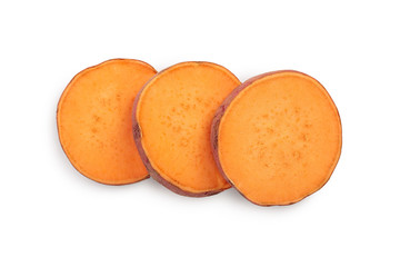 slice sweet potato isolated on white background closeup. Top view. Flat lay.