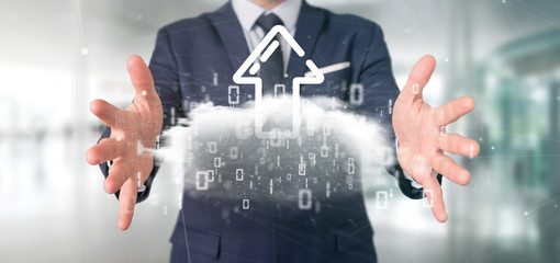 Poster - Businessman holding a Binary cloud with upload internet arrow 3d rendering