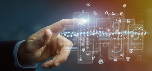 Poster - Businessman holding User interface screens with icon, stats and data 3d rendering