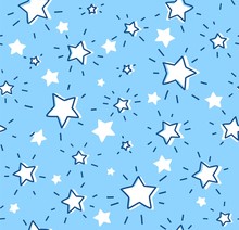 White Stars, Seamless Pattern, Vector. Contour, Shining Stars With Rays On A Light Blue Field. Imitation Of A Freehand Drawing.  