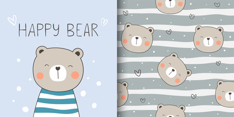 greeting card and print pattern happy bear for fabric textiles kids.